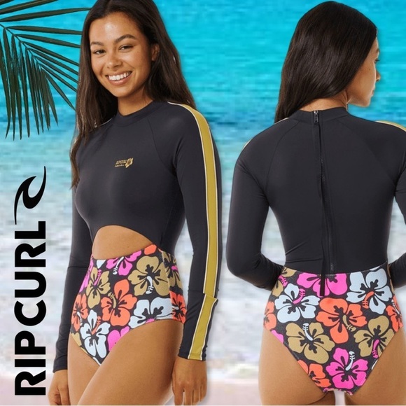 Rip Curl Other - Rip Curl Hibiscus Heat  Long Sleeve Surfsuit Black Pink Orange Floral Size 2XL